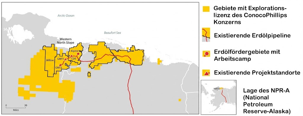 Karte von Nord-Alaska mit gelben Explorationsflächen, roter Erdölpipeline und Legende zu Förderprojekten